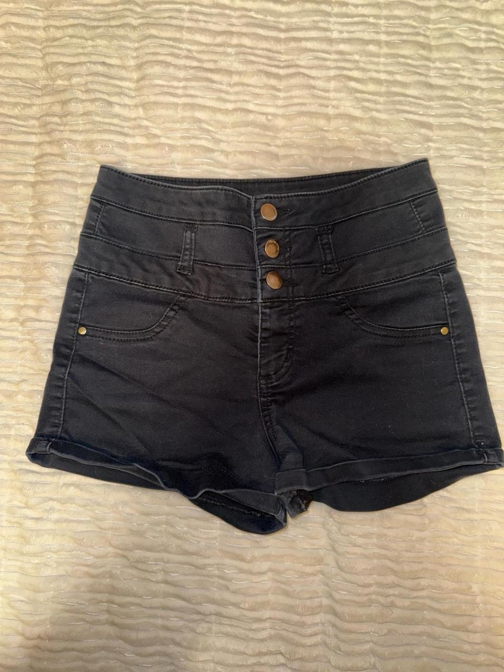 refuge High-Rise Black Stretch Denim Shorts with Triple Button